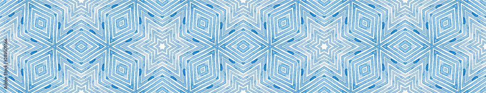 Blue Seamless Border Scroll. Geometric Watercolor  - obrazy, fototapety, plakaty 