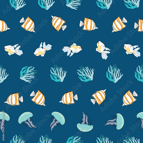Seamless pattern with coral, jellyfish and fish on a blue background