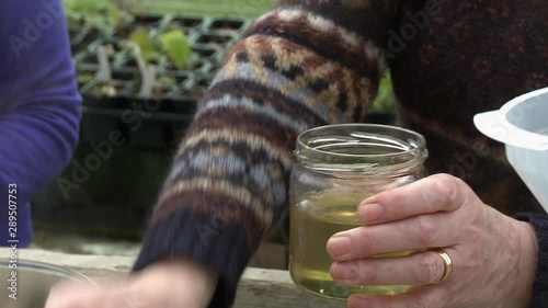 Tracking shot of a person using a spoon to scoop honey into a bowl of wine to make mead