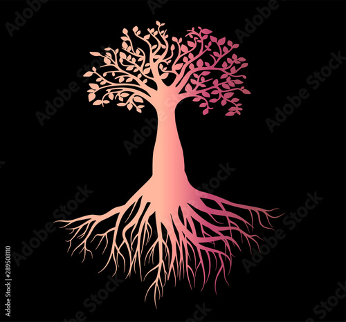 Vector mock up print design - peach pink gradient life tree with thick roots close-up