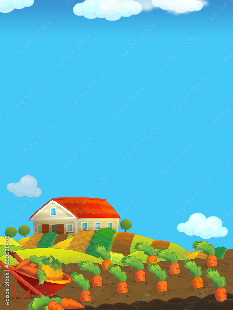 cartoon scene with farm barn and fields by the day - illustration for children