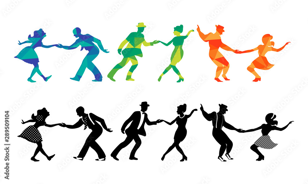 Set of three couples dancing swing, jazz, lindy hop or boogie woogie. Silhouettes on white background. Vector illustration. Polygon texture.