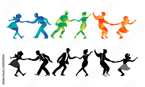 Set of three couples dancing swing  jazz  lindy hop or boogie woogie. Silhouettes on white background. Vector illustration. Polygon texture.