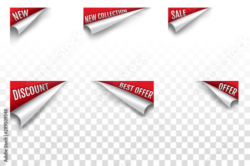 Vector illustration. Sticker. Glossy page flip effect. Red lining for text. Overlays for square images. Isolated objects of graphic design of social networks, goods, posters, flyers. Background