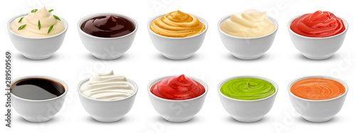 Collection of different sauces isolated on white background with clipping path photo