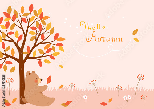 Autumn tree with cute bear.Autumn background