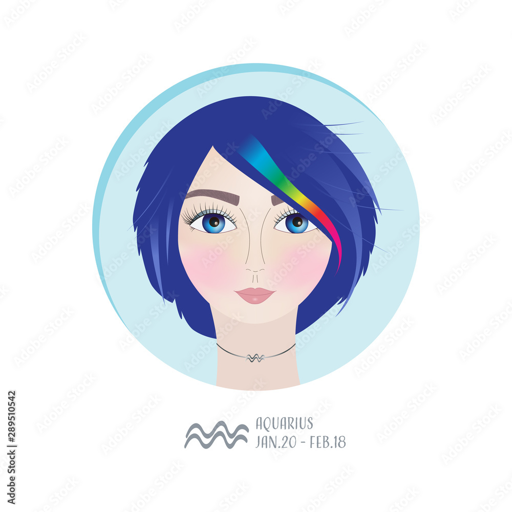 Zodiac sign Aquarius, female portrait with blue and rainbow hair in a round  frame. Idea of astrological prediction and fortune. Perfect as an avatar,  calendar or a postcard Stock Vector | Adobe