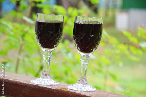 Two glasses of wine pouring wine from a bottle on a background of green foliage. Autumn concept with red wine glasses, wine bottles, vineyard landscape and grapes in nature.