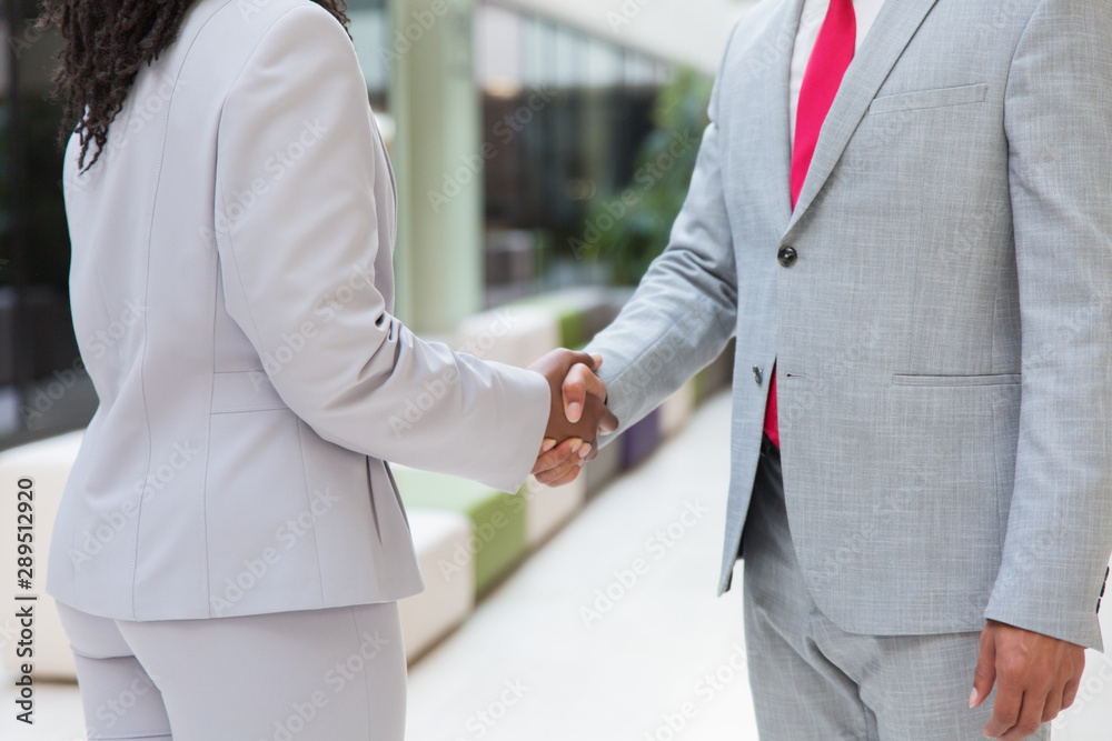 Closeup of handshake. Diverse business man and woman standing in office ...