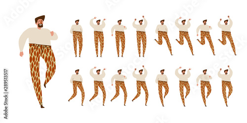 Man dances. Big set of characters in various positions. Happy man with beard in speckled pants in Scandinavian style stays, dances, walks, jumps. Vector illustration EPS10 isolated on white