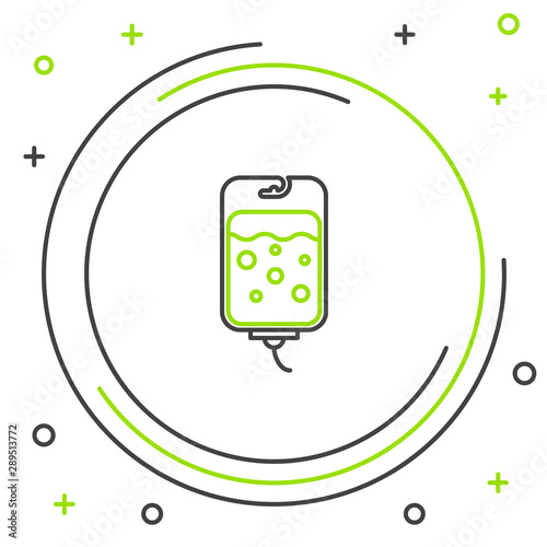 Black and green line IV bag icon isolated on white background. Blood bag icon. Donate blood concept. The concept of treatment and therapy, chemotherapy. Colorful outline concept. Vector Illustration