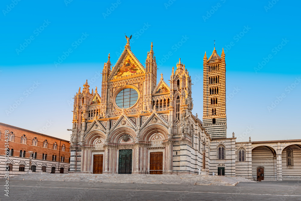  Cathedral in Siena Italy Tuscany, with White and Blue And Gray Striped Marble Round Window, Bell Tower, and Dome