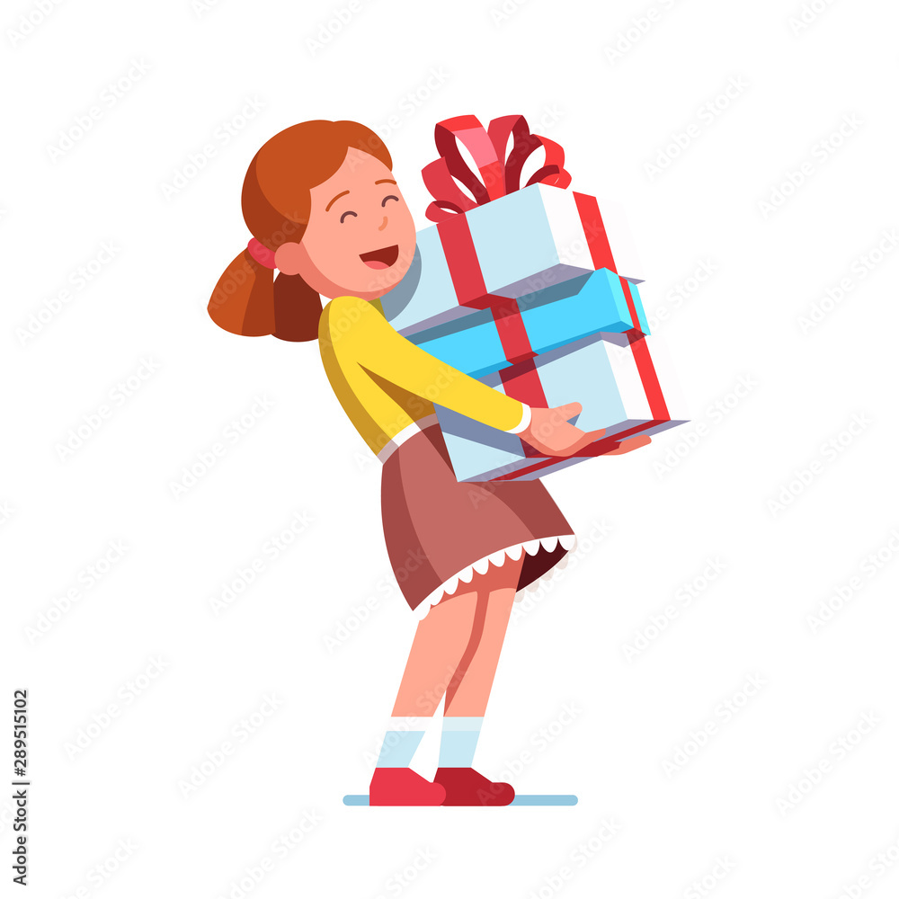 Foto Girl kid holding big wrapped gift boxes stack