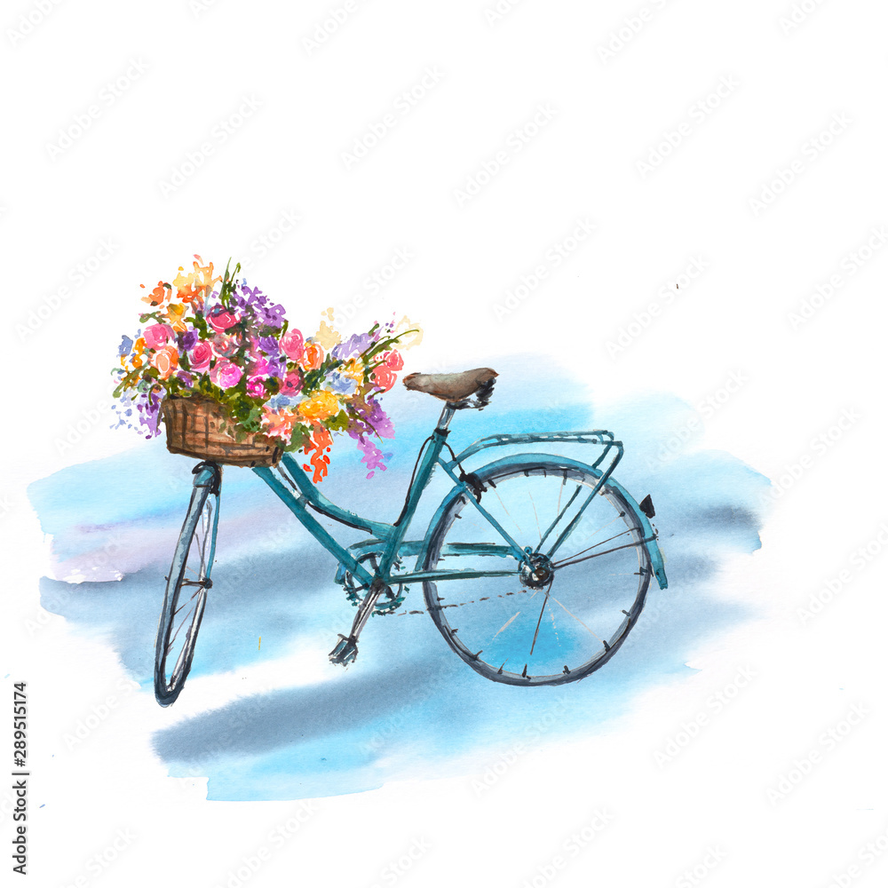 Fototapeta Blue bicycle with flowers on blue background , watercolor hand drawn