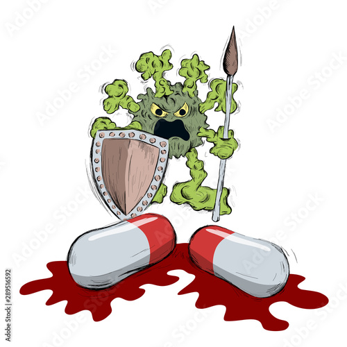 Drug resistance - dangerous bacteria and virus is defeating medical pill, medicament and medication. Medicine and threat of Weak immune system. Vector illustration isolated on white