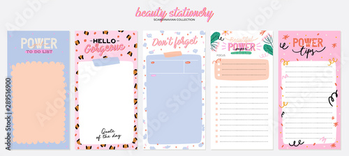 Collection of weekly or daily planner, note paper, to do list, stickers templates decorated by cute beauty cosmetic illustrations and trendy lettering. Trendy scheduler or organizer. Flat vector
