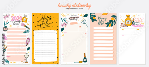 Collection of weekly or daily planner, note paper, to do list, stickers templates decorated by cute beauty cosmetic illustrations and trendy lettering. Trendy scheduler or organizer. Flat vector