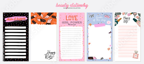 Collection of weekly or daily planner, note paper, to do list, stickers templates decorated by cute beauty cosmetic illustrations and trendy lettering. Trendy scheduler or organizer. Flat vector