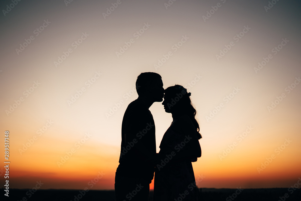 Silhouette of a guy and a pregnant girl on a sunset background in warm colors