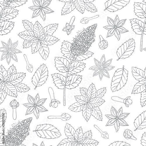 Tea collection.Vector hand drawn seamless pattern with different ingredients for a nice tea drinking. Peppermint, lemons, cardamon and clove