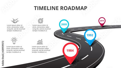 Business curved road map timeline infographic with pointers. Creative concept with 4 options, parts, steps or processes