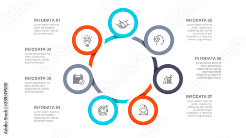 Cyclic diagram infographic with circles. Modern infographic design template with 7 options, steps or parts. Flat vector illustration for business presentation.