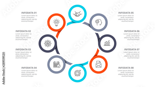 Cyclic diagram infographic with circles. Modern infographic design template with 8 options, steps or parts. Flat vector illustration for business presentation.