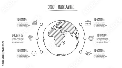 Doodle globe infographic with 6 options. Hand drawn icons. Thin line earth illustration