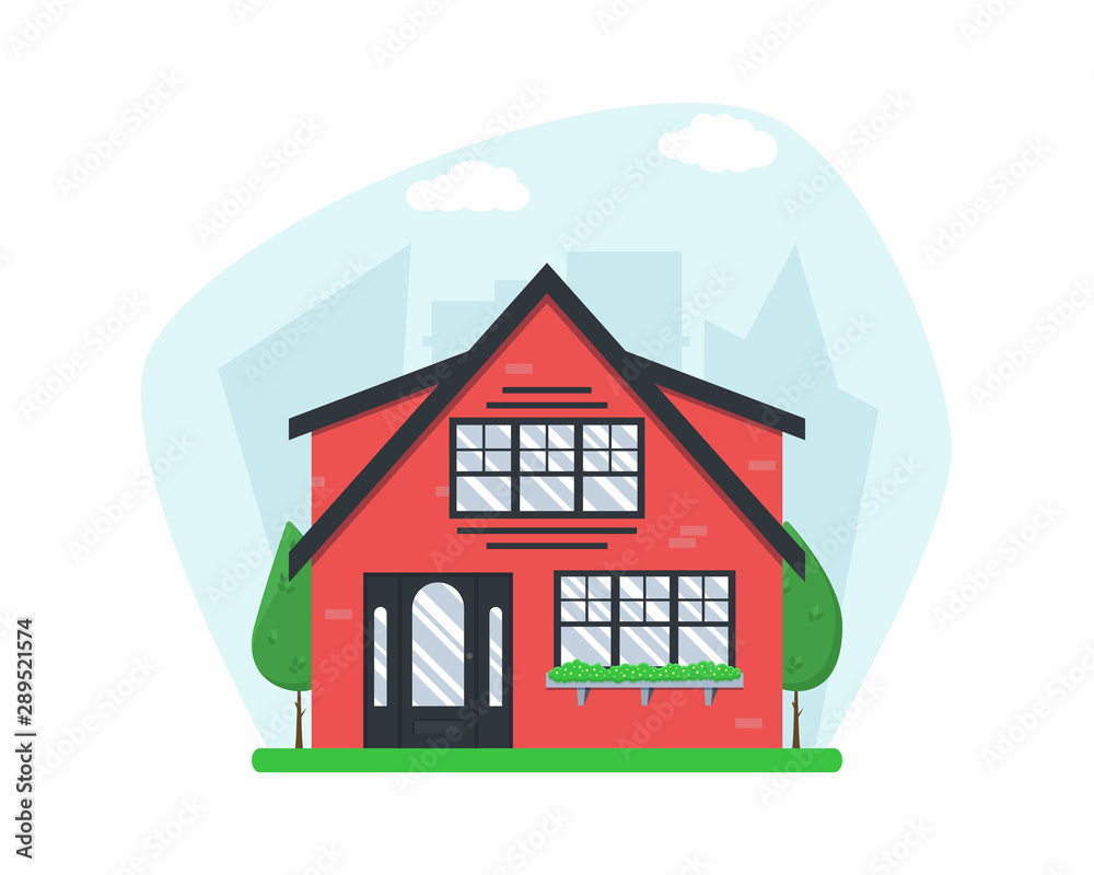 Flat modern house building on city background. Home architecture good for card, banner, presentation, real estate, notebook cover, poster or postcard. Colorful town vector illustration. Flat modern house building on city background. Home architecture good for card, banner, presentation, real estate, notebook cover, poster or postcard. Colorful town vector illustration.