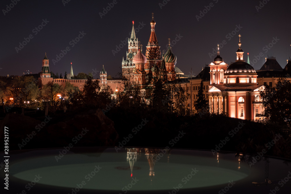 Moscow. Red Square. Saint Basil Cathedral at night panorama