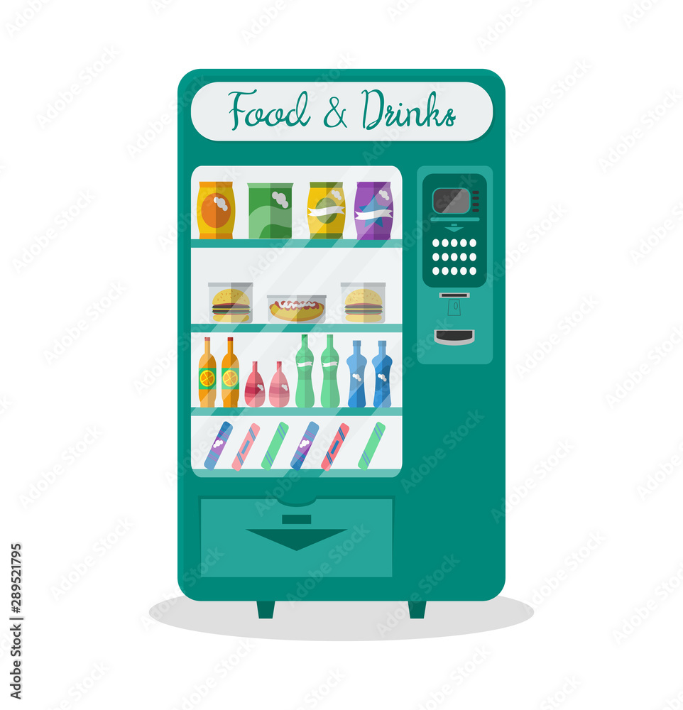 Flat style green automatic vending machine with food and drink Flat style green automatic vending machine with food and drink