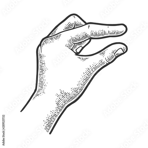 Hand gesture showing tiny small size sketch engraving vector illustration. Tee shirt apparel print design. Scratch board style imitation. Hand drawn image.