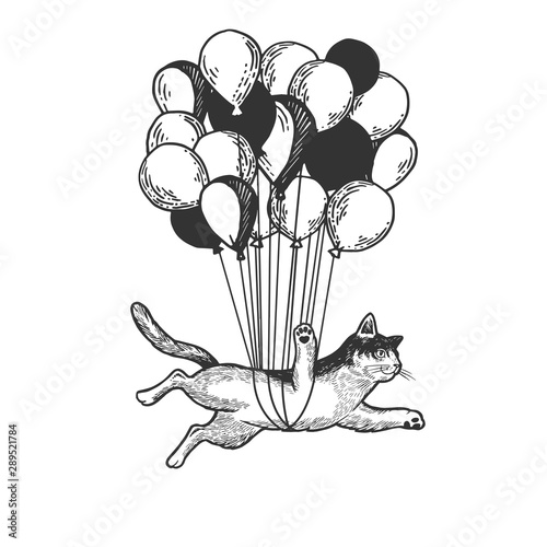 Cat animal flies on air balloons sketch engraving vector illustration. Tee shirt apparel print design. Scratch board style imitation. Black and white hand drawn image. photo