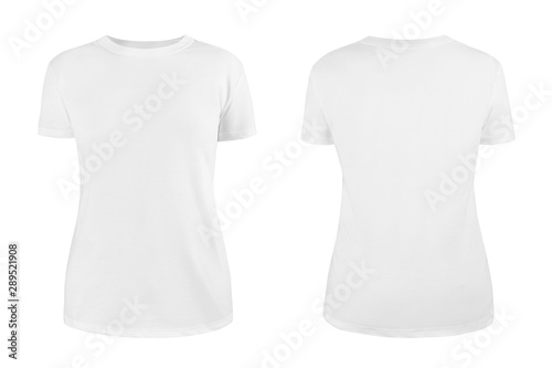 Women's white blank T-shirt template,from two sides, natural shape on invisible mannequin, for your design mockup for print, isolated on white background..