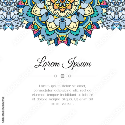 Hand drawn mandala floral border. Abstract doodle background. Card or wedding invitation