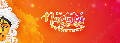 Banner,Header design on navratri & Durga Puja with  Illustration of Goddess Durga beautiful Face. 