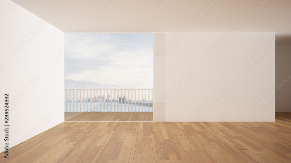 Fototapeta premium Empty room interior design, open space with white walls and parquet wooden floor, modern contemporary architecture, panoramic window, morning light, mock-up with copy space