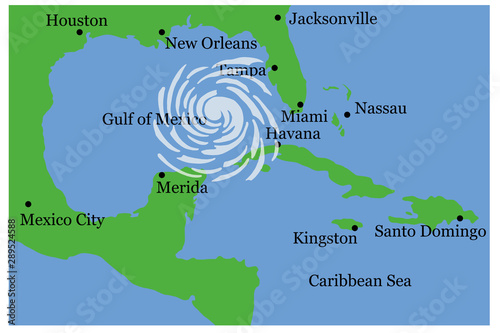 Hurricane over the Caribbean sea and Gulf of Maxico vector illustration