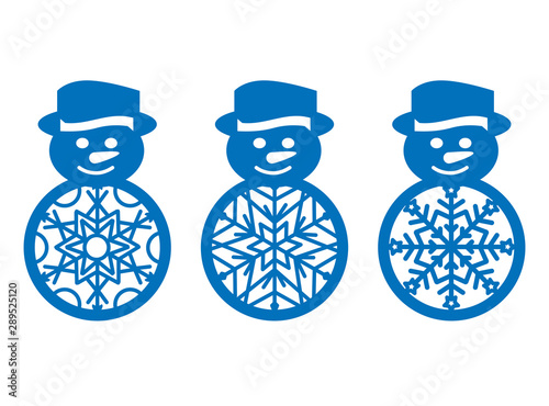 Set of laser cut template of Christmas snowman with snowflake. Xmas tree decoration for cutout plotter, printing. Vector illustration on isolated background. Openwork toy with a lace ornament.