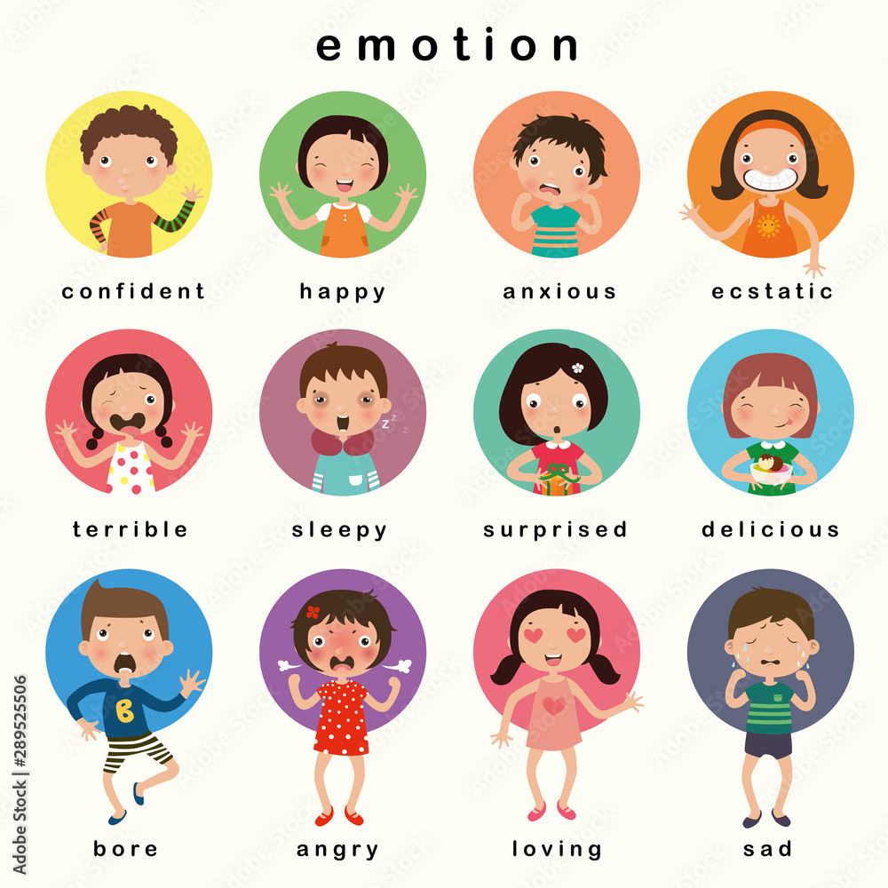 Variety of emotions children, kids face with different expressions. vector, illustration - obrazy, fototapety, plakaty 