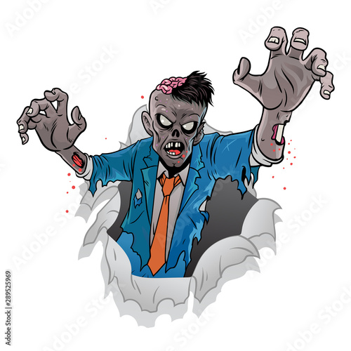 cartoon zombie of halloween coming out of the broken paper