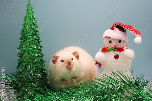 A rat is a symbol of the new year 2020 near a toy Christmas tree and a snowman among tinsel.