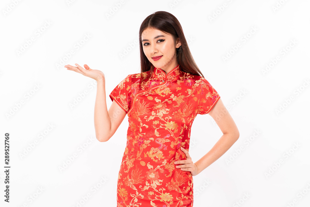 Chinese woman with open hand palm on background Chinese woman with open hand palm on background