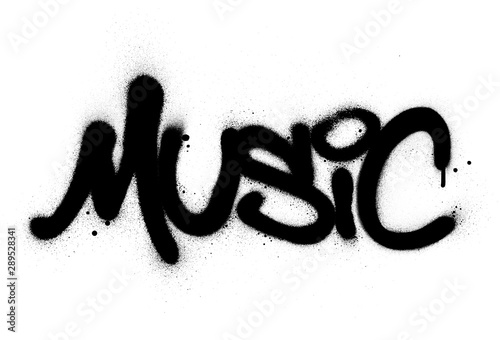 graffiti music word sprayed in black over white