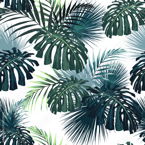 Dark tropical leaves with jungle plants. Seamless tropical pattern with green palm and monstera leaves. White background.