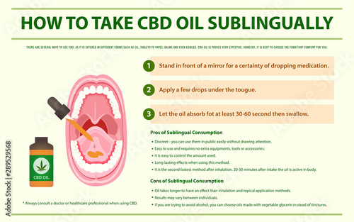 How to Take CBD Oil Sublingually horizontal infographic illustration about cannabis as herbal alternative medicine and chemical therapy, healthcare and medical science vector. photo