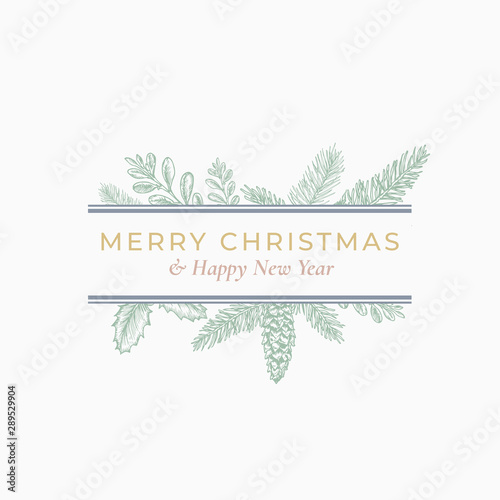 Christmas Abstract Botanical Label with Rectangle Frame Banner and Modern Typography. Green, Grey and Pink Pastel Colors Greeting Layout.