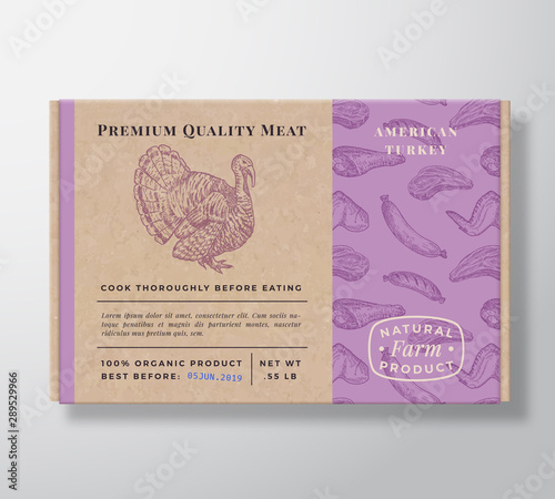 Meat Pattern Realistic Cardboard Box Container. Abstract Vector Packaging Design or Label. Modern Typography, Hand Drawn Turkey Silhouette. Craft Paper Poultry Background Layout.