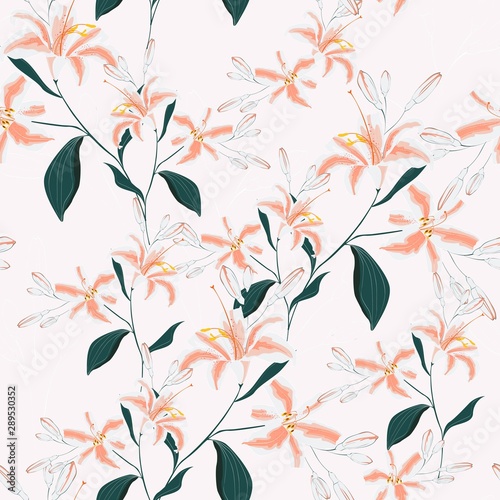 Trendy Floral pattern with orange lilies flowers. Spring, summer seamless pattern, Printing with beautiful flowers.