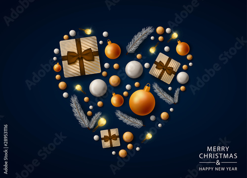 Merry Christmas banner with realistic  fur-tree with balls  gift box with lettering and heart. Background Xmas design 3d. Poster  greeting cards  head
